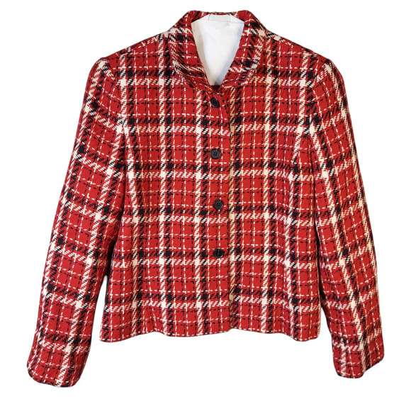 Vintage Jackets & Blazers - Vintage Women's Red, Black, & White Plaid Wool Blend Blazer Size 10P